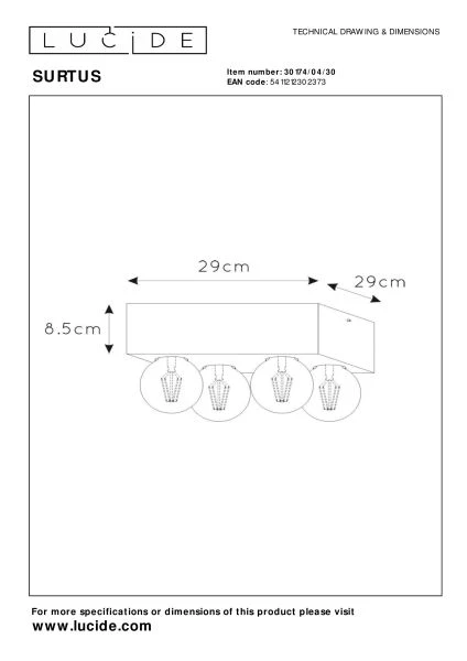 Lucide SURTUS - Plafonnière - 4xE27 - Zwart - technisch